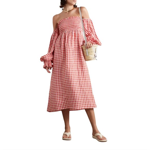 770. SLEEPER Atlanta Gingham Red Smocked Midi Dress $320 NWT Small - Picture 2 of 4